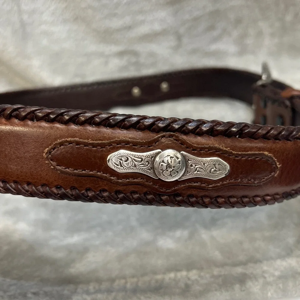 Nocona Belt Co‎ Mens 38 Brown Leather Western Belt Engraved Buckle Rustic Rugged